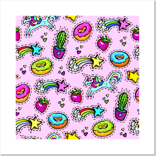 1980's Neck Gator Rainbows Unicorns Donuts Cactus Strawberries Pink 80's Neck Gator Posters and Art